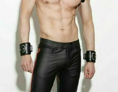 Men’s Real Leather Biker Pants Black BLUF Motorcycle Trousers 34in Waist – Durable Riding Gear with Bold Street Style