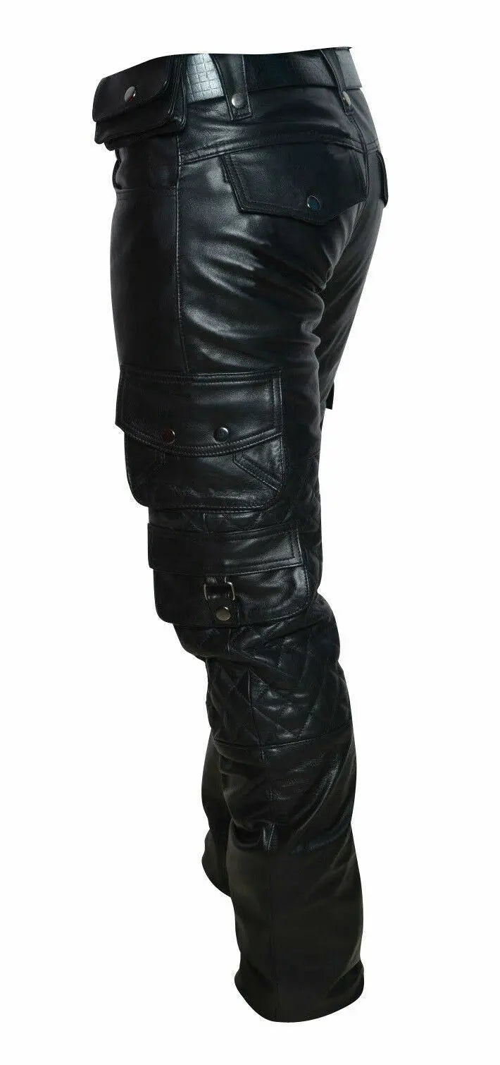 Men’s Real Leather Quilted Biker Cargo Pants Military Fit Motorcycle Trousers – Premium Rugged Leather Wear