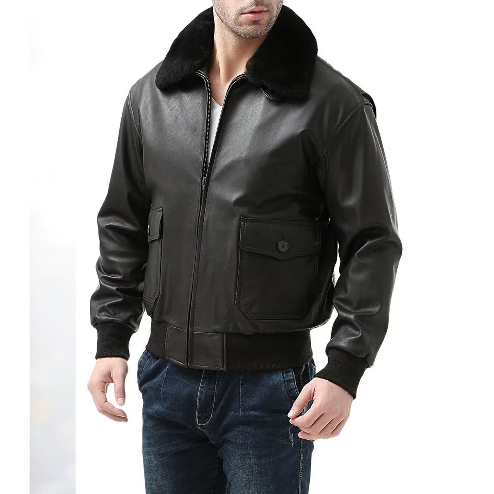 Leather Jacket For Men, Men's winters Lamb Leather Jacket Coat with fur collar,