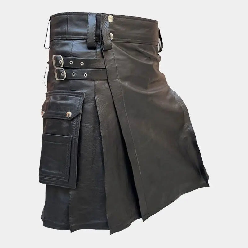 Men's Black Genuine Punk Style Utility Leather Kilt - Solid Pleated Buckle Straps