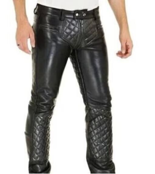 *Quilted Real Leather Bikers Pant Black Fly Zipper Design Soft Motorcycle Pant