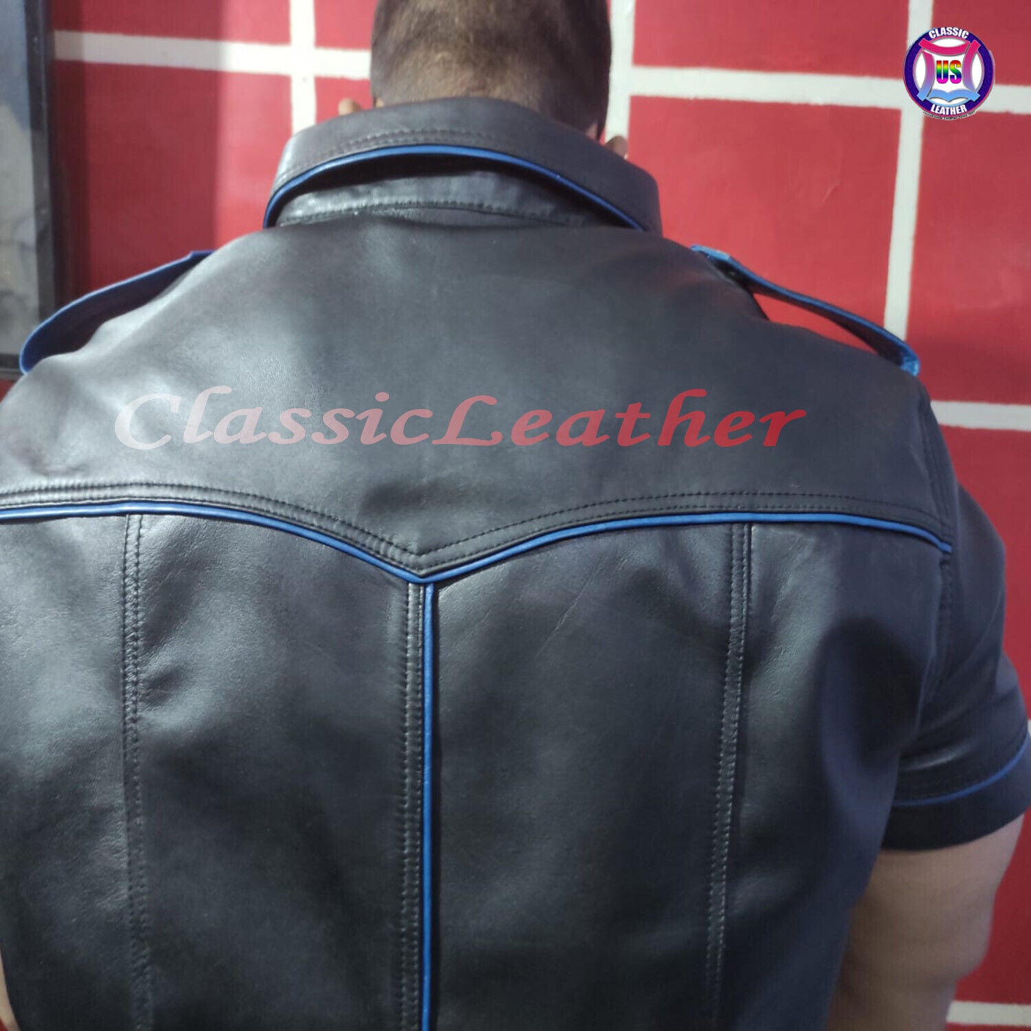 Gay Club Leather Shirt Black Shirt & Blue Pippin T-Shirt Clubwear Casual Jacket