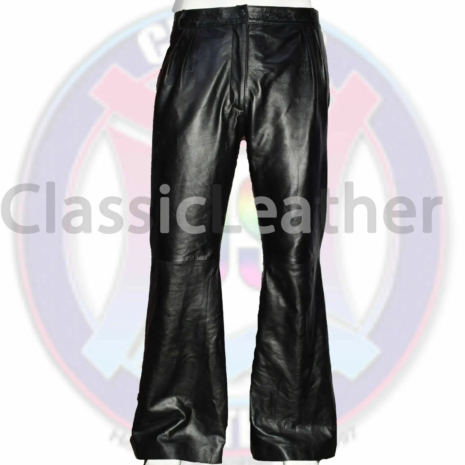 Women Handmade Leather Bell Bottom Pants High Waist Casual Palazzo Style Trouser