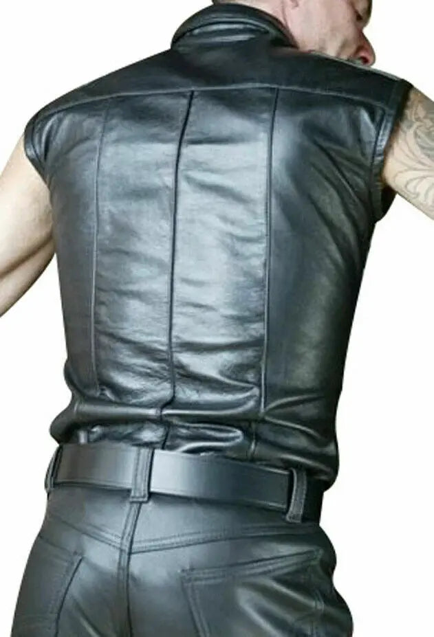 Men's Real Leather Police Shirt - Sleeveless Jacket - Leather Vest - Uniform Shirt