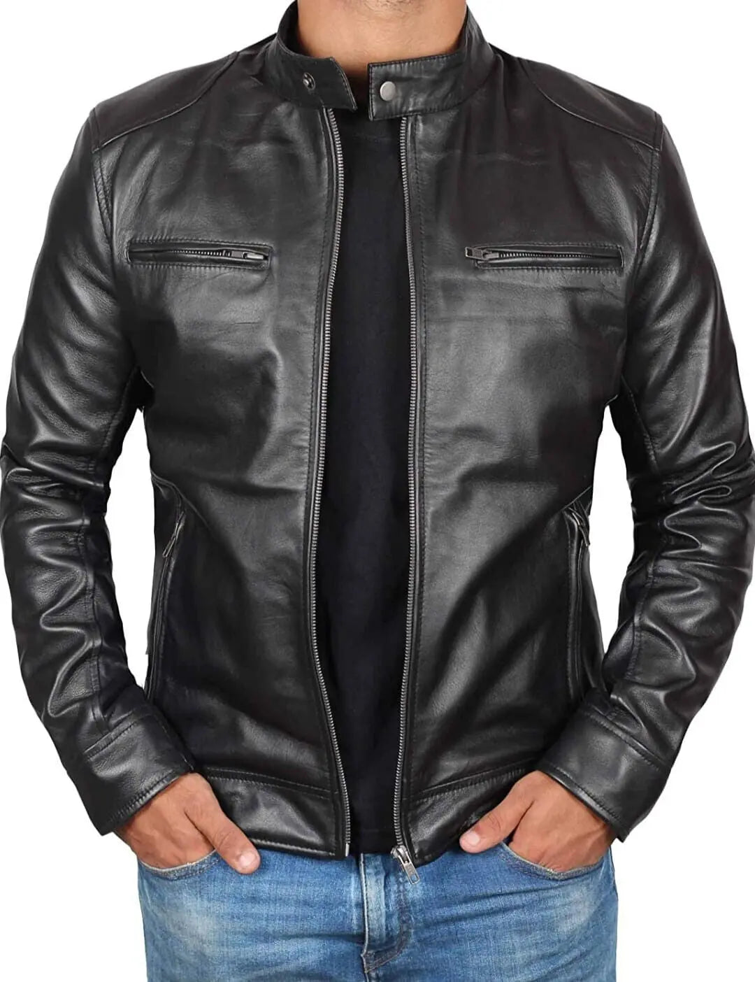 Men's Plain Cowhide Black Leather Biker Jacket - Vintage Café Racer Handmade Jacket