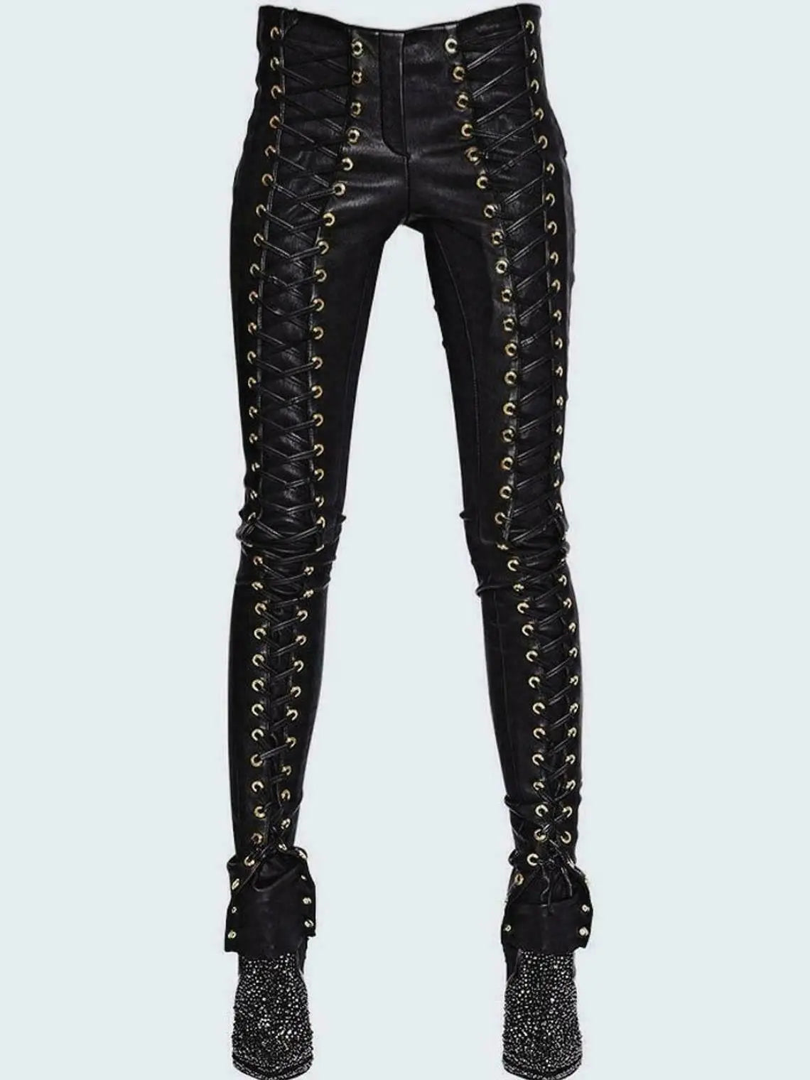 Women's Skinny Leather Biker Pants - Gothic Lace-Up Motorcycle pants