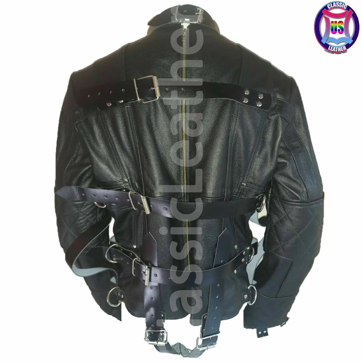*Men real Leather straight Jacket Asylum BDSM Restraint Costume Armbinder Jacket
