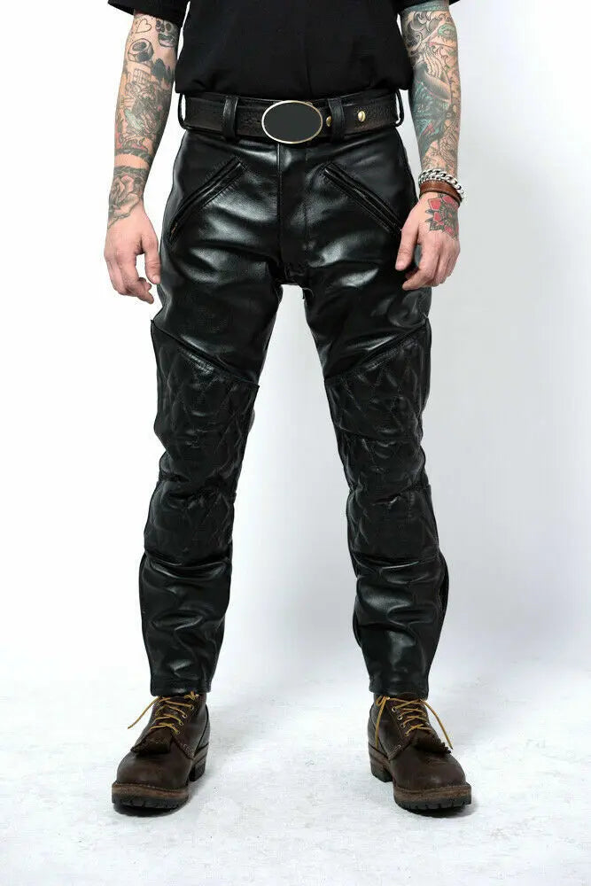 Men’s Real Leather Quilted Biker Pants Black Motorcycle BLUF Uniform Gay Style Trousers – Premium Durable Riding Wear