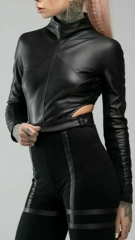 Women's Black Leather Biker Crop Top - Turtle Neck Tank Top - Gothic Bolero top