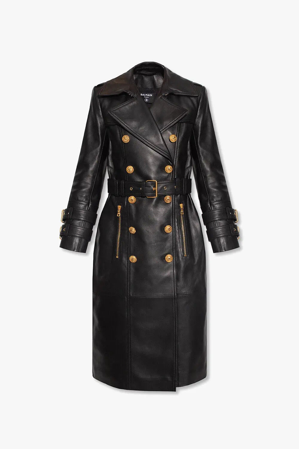 Men’s Premium Leather Gold Button Trench Coat Classic Long Double Breasted Overcoat– Luxury Outerwear