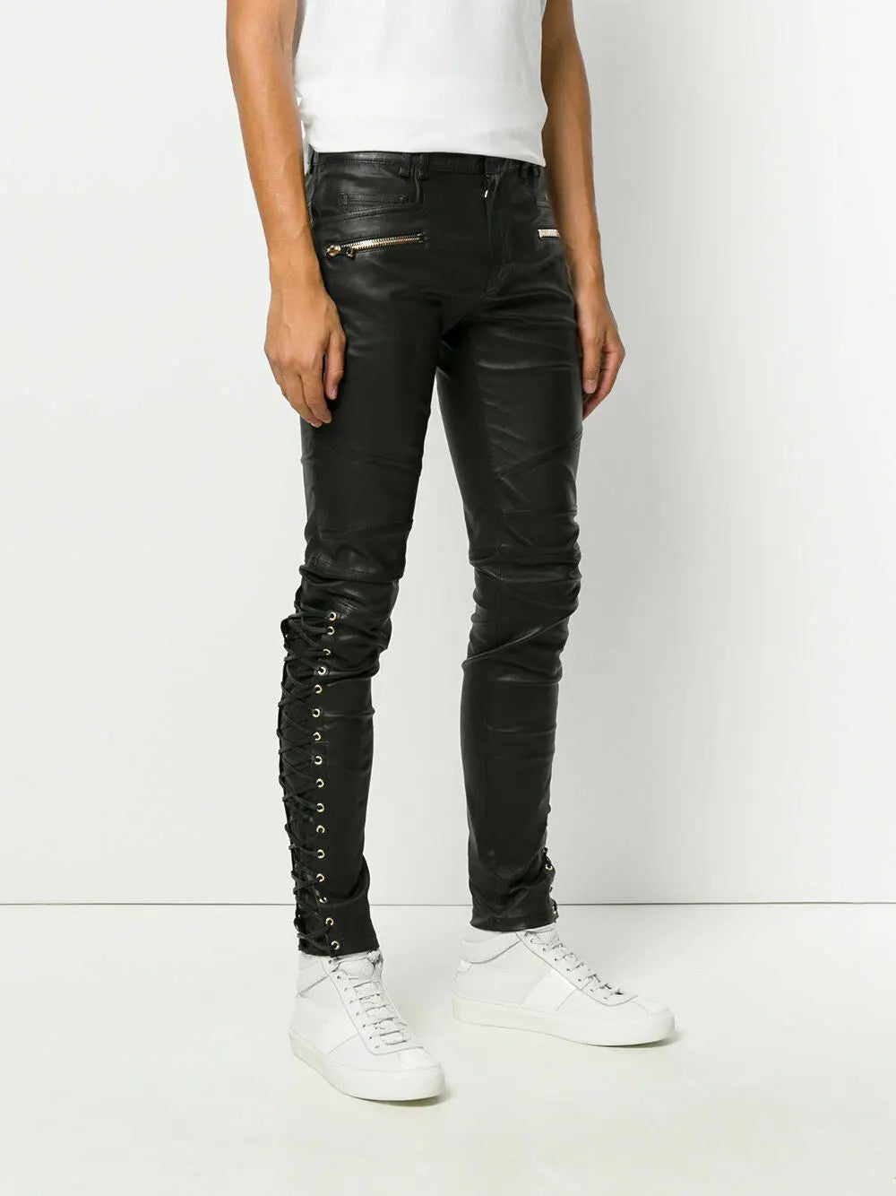 Men's Real Leather Biker Style Lace Up Clubwear Motorcycle Pants