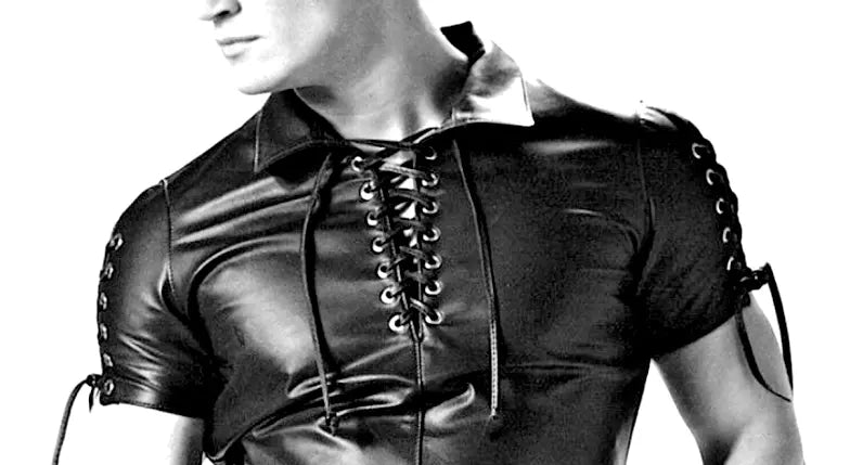Men's Black Leather Gay Top Shirt - Police Uniform Casual Leather T-Shirt