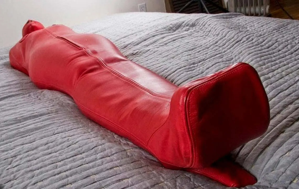 RED Leather Sleep Sack Extreme BDSM Bondage Bag With Sensory Deprivation Hood