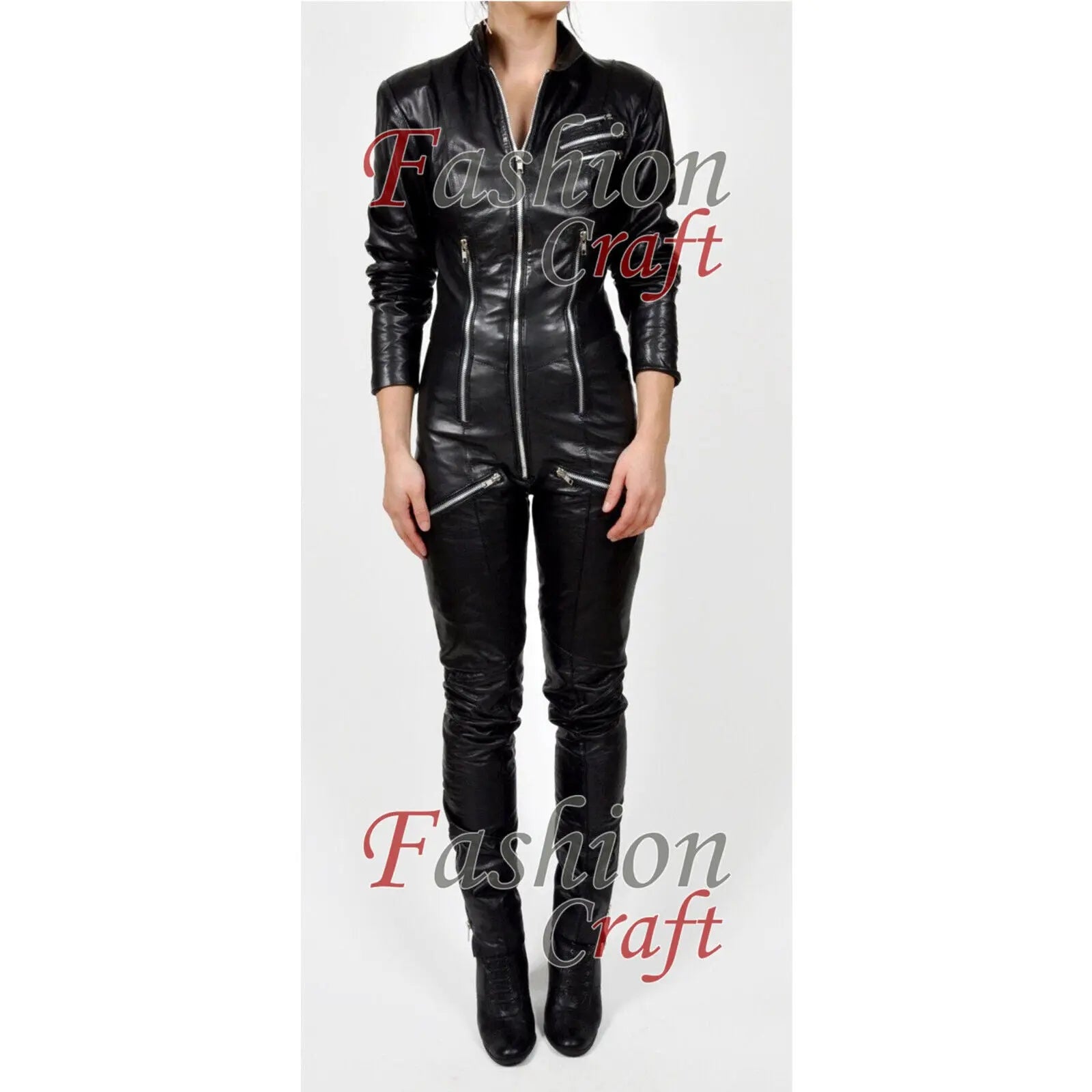 Women's Black Sheepskin Leather Catsuit – Zipper Fetish Overall with Gothic Edge