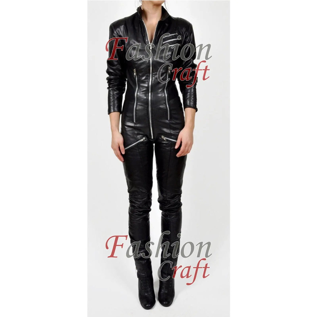 Women's Black Sheepskin Leather Catsuit – Zipper Fetish Overall with Gothic Edge