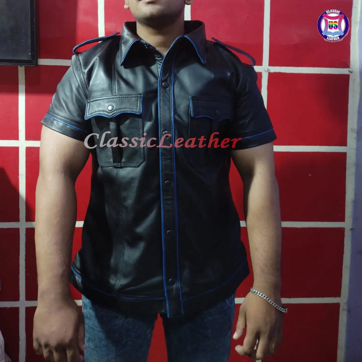 Gay Club Leather Shirt Black Shirt & Blue Pippin T-Shirt Clubwear Casual Jacket