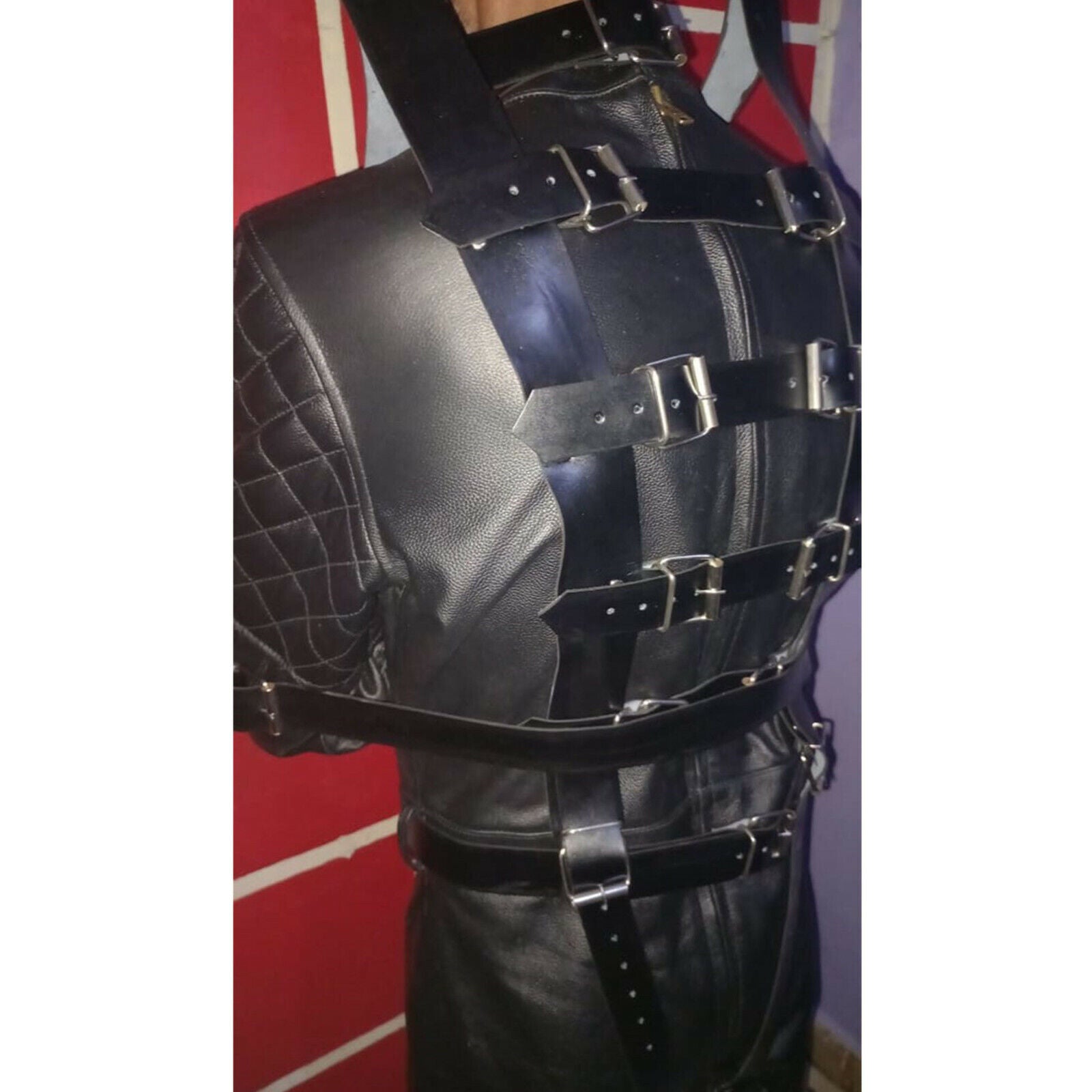 Real Leather Heavy Duty Genuine leather bondage jacket suspension Jacket BDSM wi