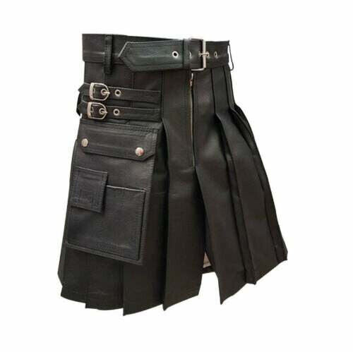 Men Genuine Black Cow Leather Gladiator Kilt Pleated Utility LARP Costume
