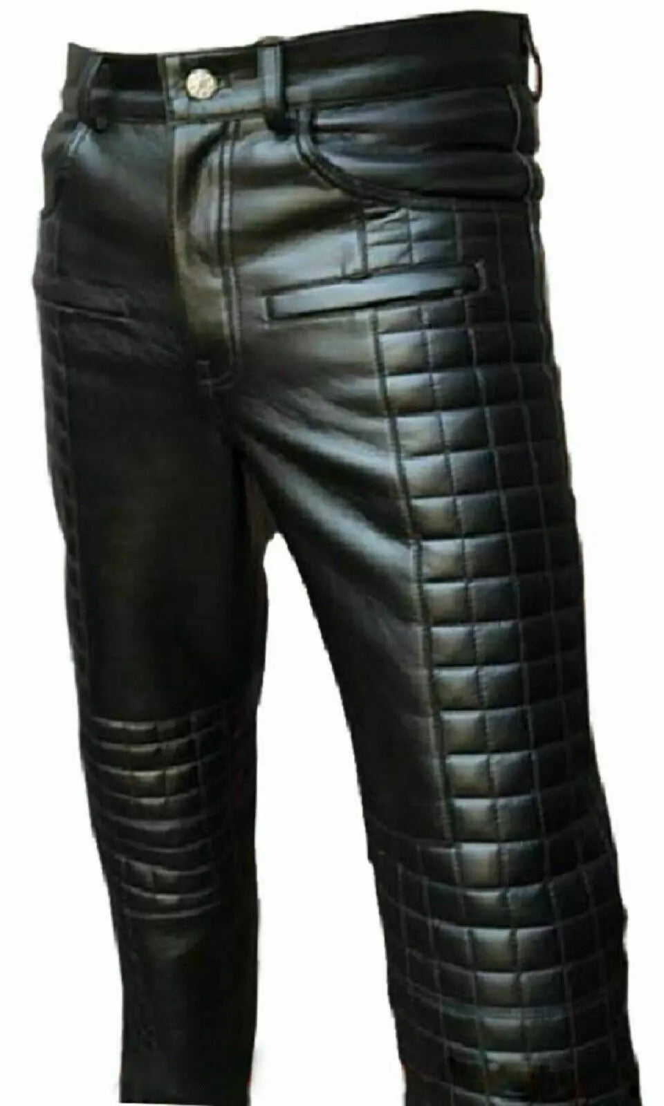 Men's Black Genuine Leather Quilted Biker Trouser - Motorcycle BLUF Uniform Pants