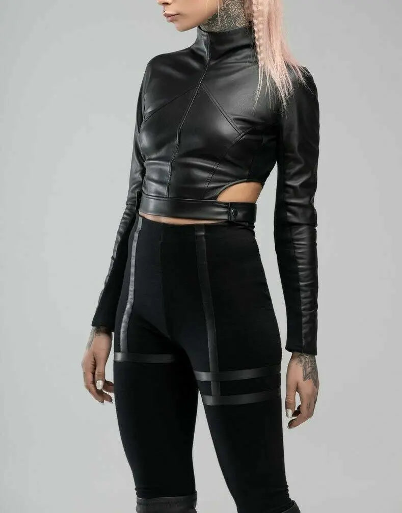 Women's Black Leather Biker Crop Top - Turtle Neck Tank Top - Gothic Bolero top