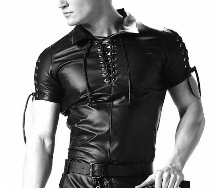 Men's Black Leather Gay Top Shirt - Police Uniform Casual Leather T-Shirt