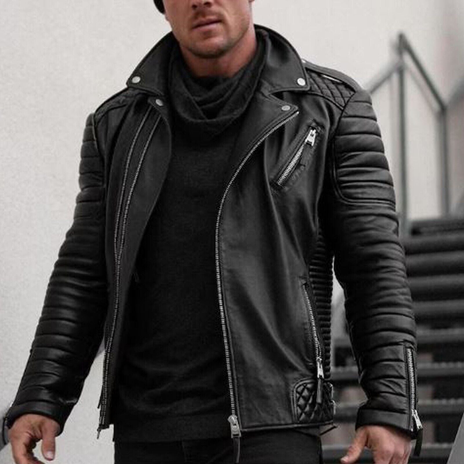 Quilted Men Black Genuine Leather Jacket Outdoor Sleeves & Shoulder Soft Padded