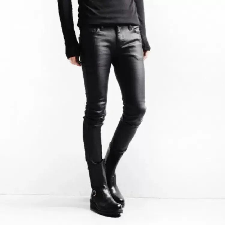 Men's Cafe Racer Biker Style black Leather Skinny Motorcycle Pants