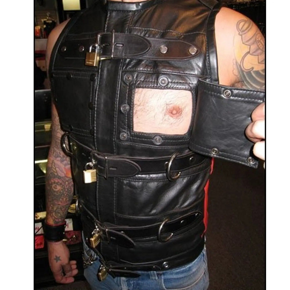 cow leather bondage vest for man chest Flap