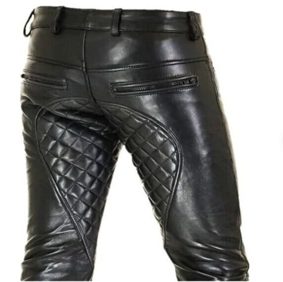 *Quilted Real Leather Bikers Pant Black Fly Zipper Design Soft Motorcycle Pant