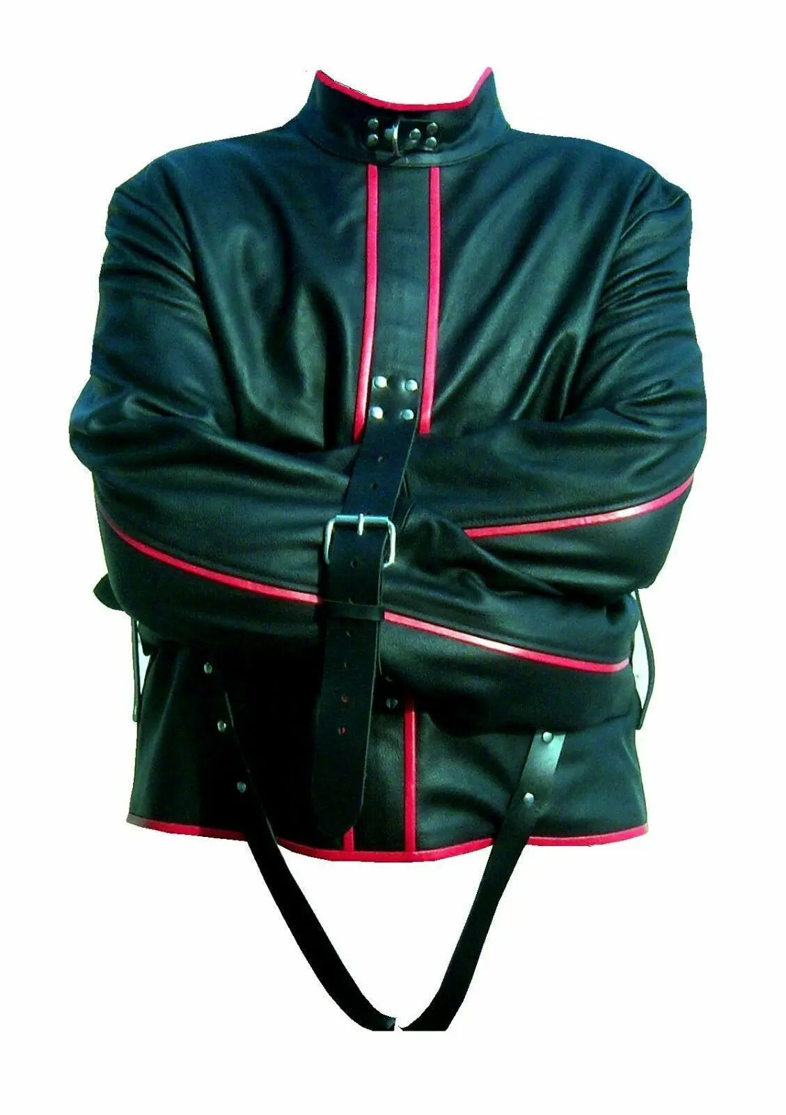 Men’s Black Real Leather Straight Jacket Style Asylum Restraint Bodysuit with Red Piping Fashion Costume Jacket