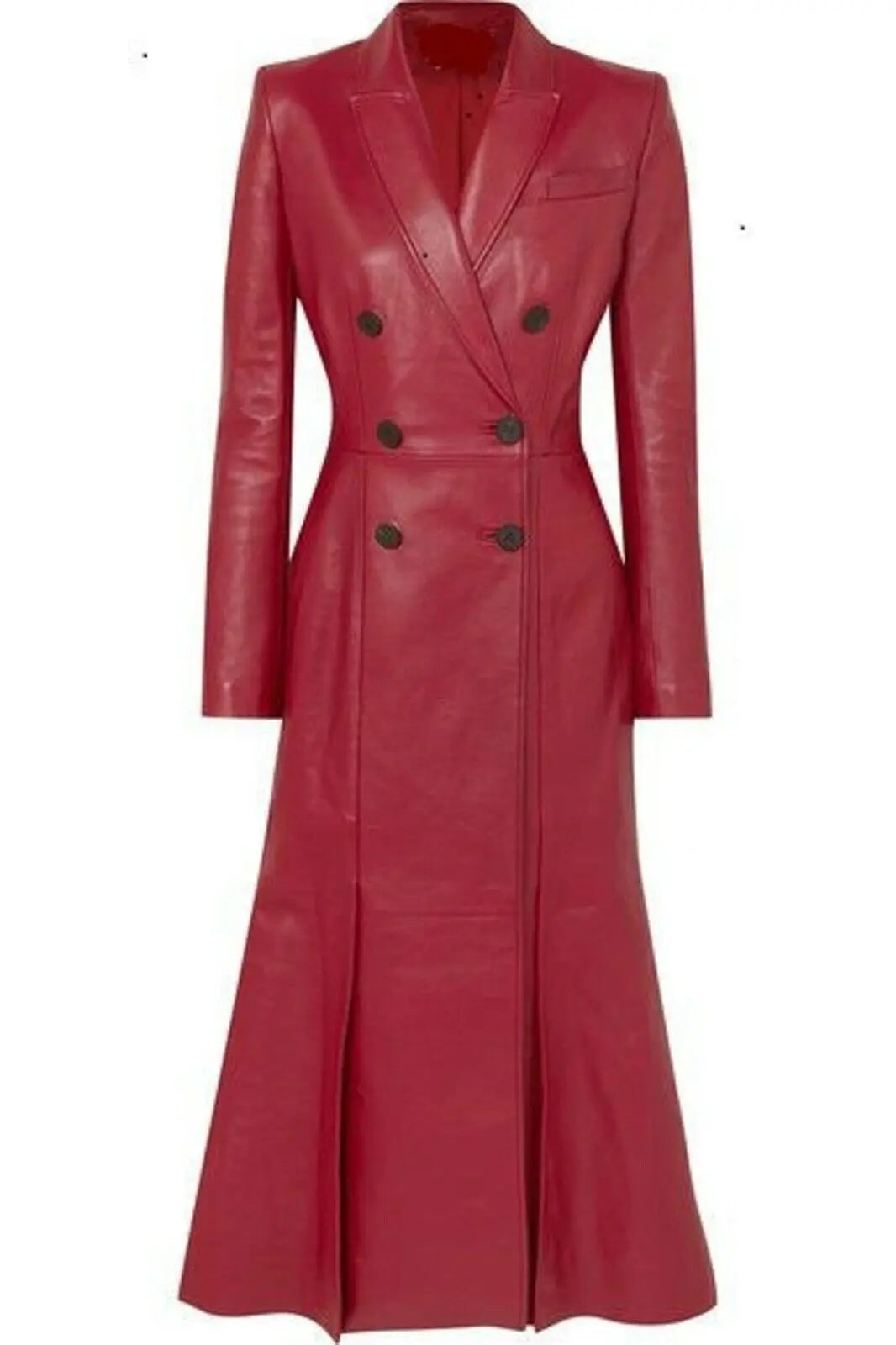 Women’s Red Leather Long Trench Coat Double Breasted Casual Stylish Outfit – Premium Fashion Outerwear