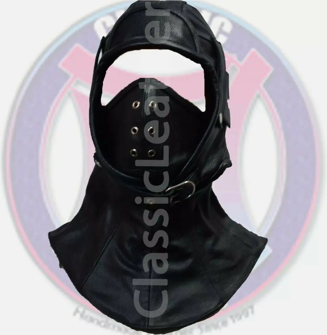 Men’s Black Leather Biker Hat Full Face Mask Skull Cap with Belted Collar – Handmade Motorcycle Fashion Accessory