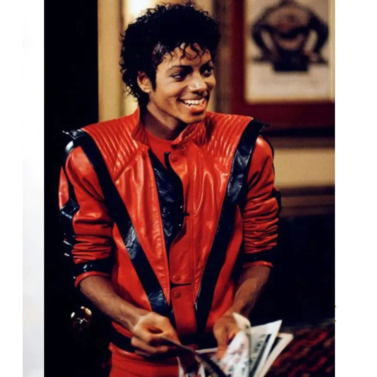 Michael Jackson Red Military Real Leather Jacket – worn view