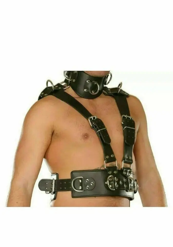 UNISEX REAL LEATHER BDSM HARNESS BELT WITH NECK COLLAR