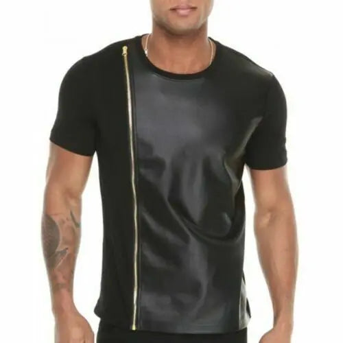 Men’s Handmade Real Leather T-Shirt Style Jacket Full Zipper Black Biker Shirt – Genuine Leather Wear