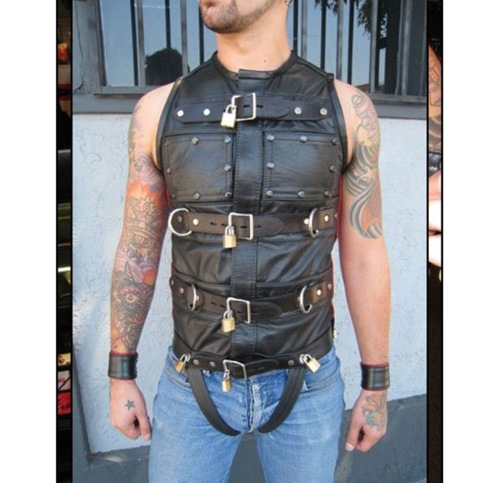 cow leather bondage vest for man chest Flap