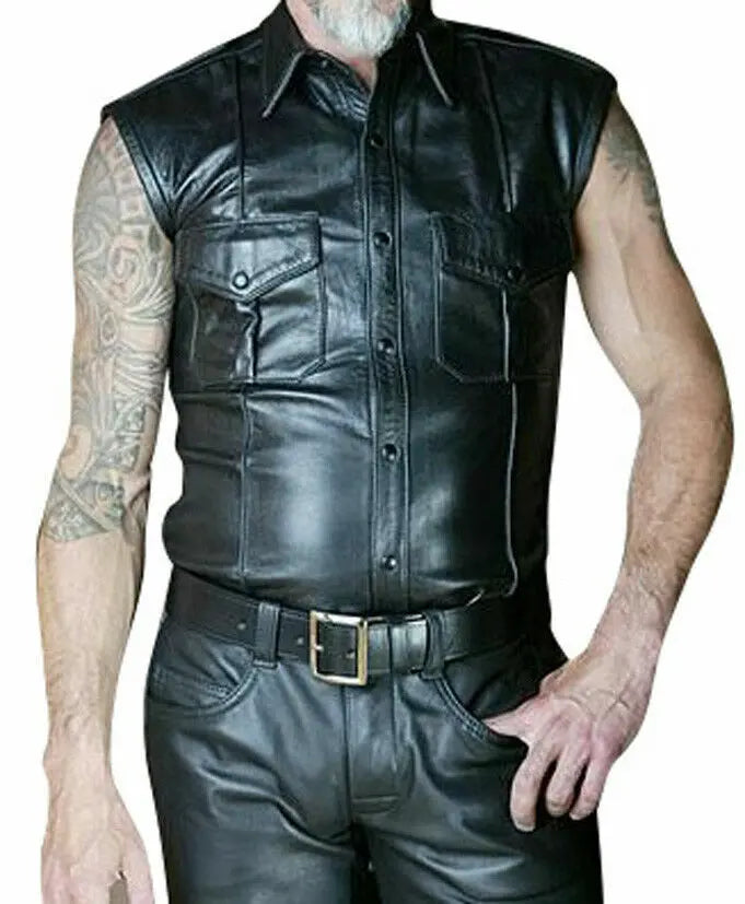 Men's Real Leather Police Shirt - Sleeveless Jacket - Leather Vest - Uniform Shirt