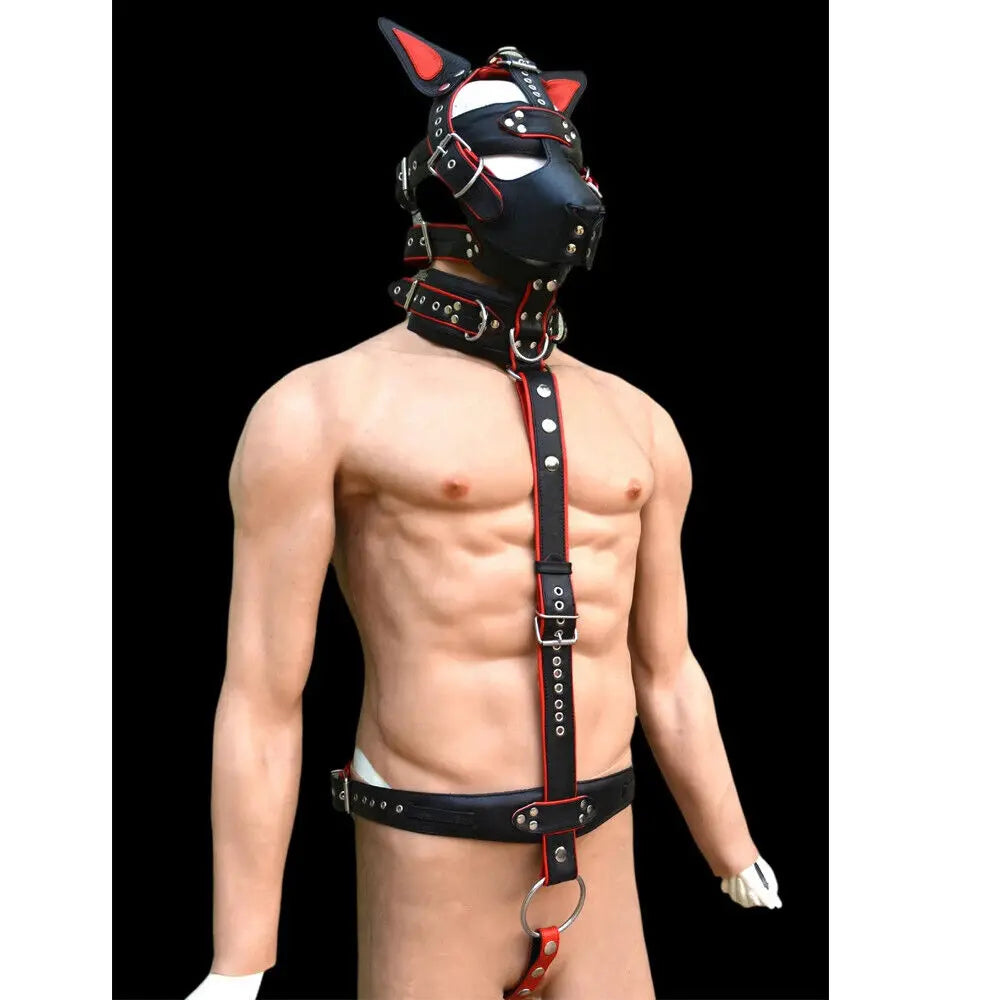 Men’s Handmade Leather Body Harness Set with Ring Detail, Puppy Mask Muzzle Head Harness – Adjustable Fetish-Inspired Costume
