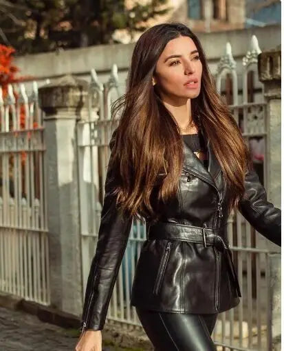 Women's Genuine Leather Motorcycle Jacket - Black Slim Fit Biker Jacket, front view