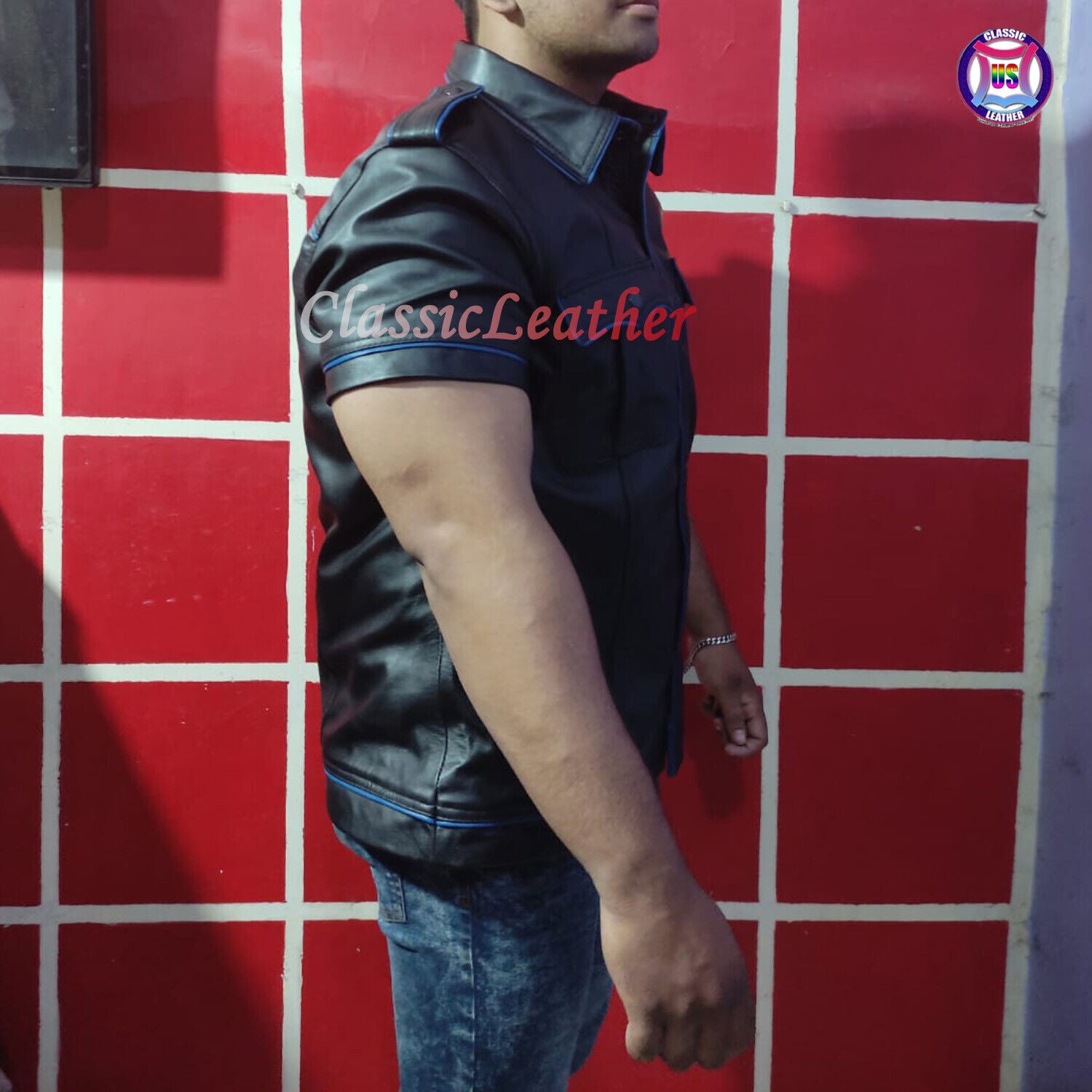 Gay Club Leather Shirt Black Shirt & Blue Pippin T-Shirt Clubwear Casual Jacket