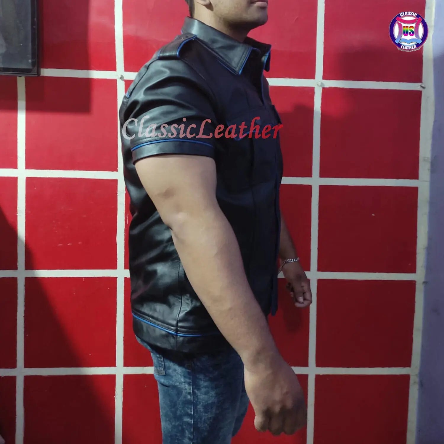 Gay Club Leather Shirt Black Shirt & Blue Pippin T-Shirt Clubwear Casual Jacket