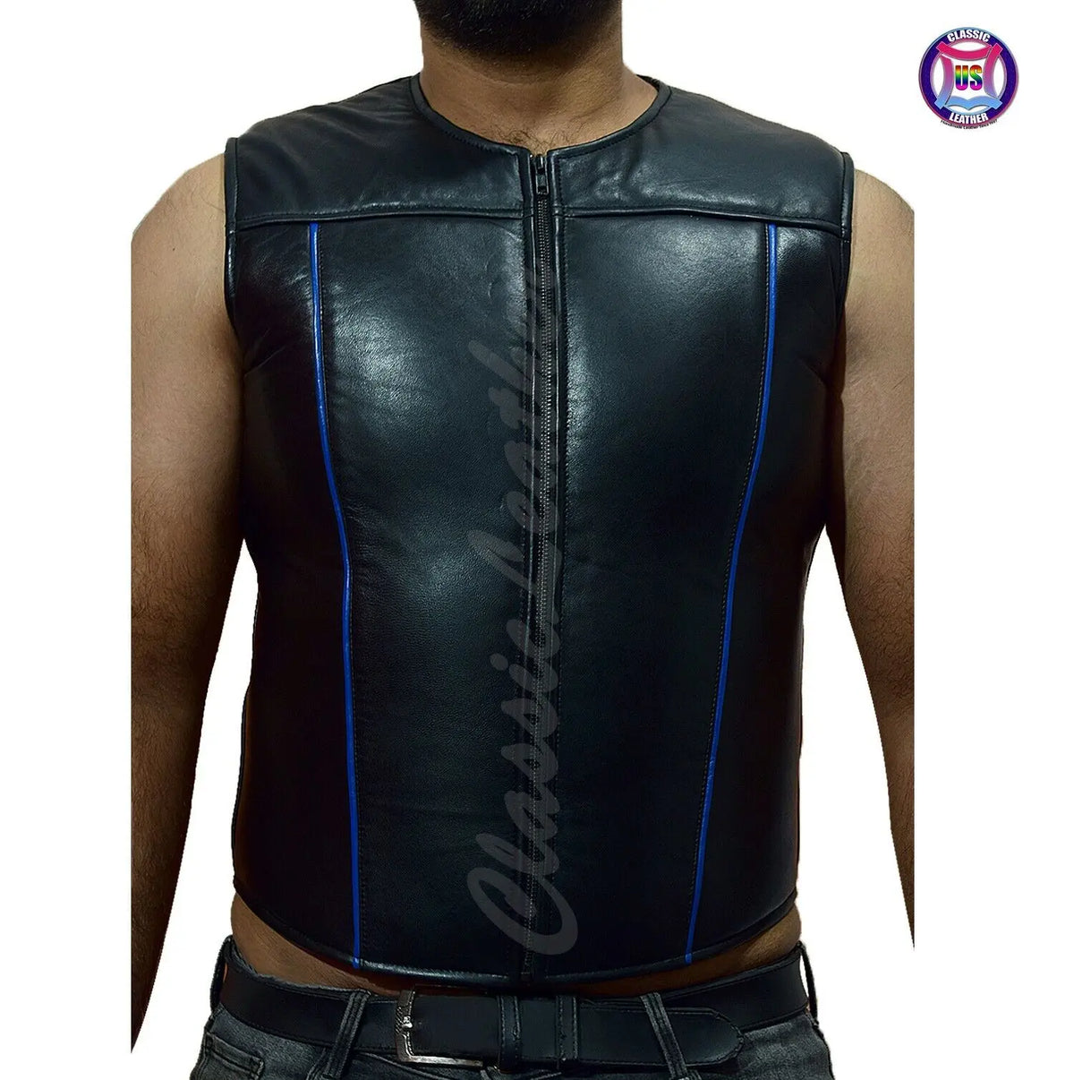 Men’s Black Real Leather Sleeveless Waistcoat Vest with Zipper Closure & Blue Piping – Stylish Casual Biker Jacket