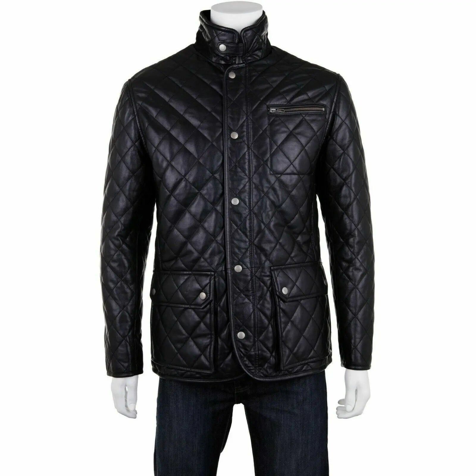 Men's Black Leather Quilted Trench Coat - Leather Jacket - Overcoat