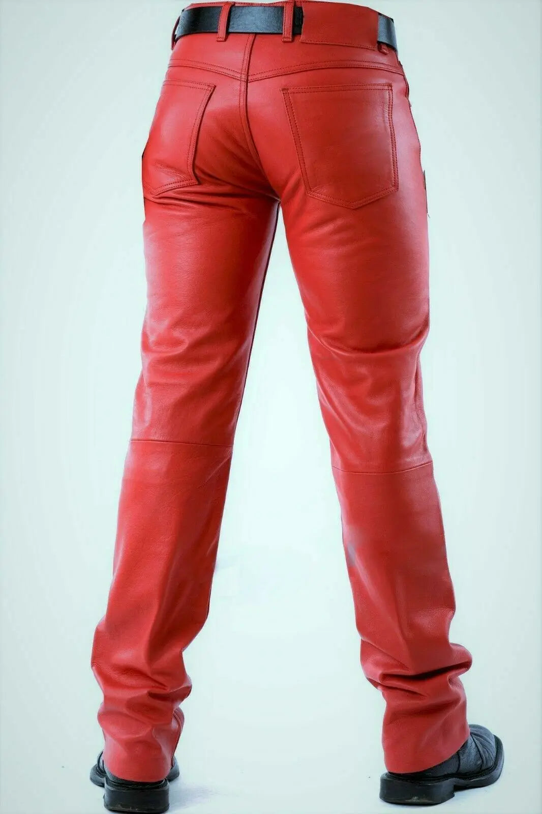 Mens Red Leather Pants jeans Biker style Pant Real leather motorcycle trouser