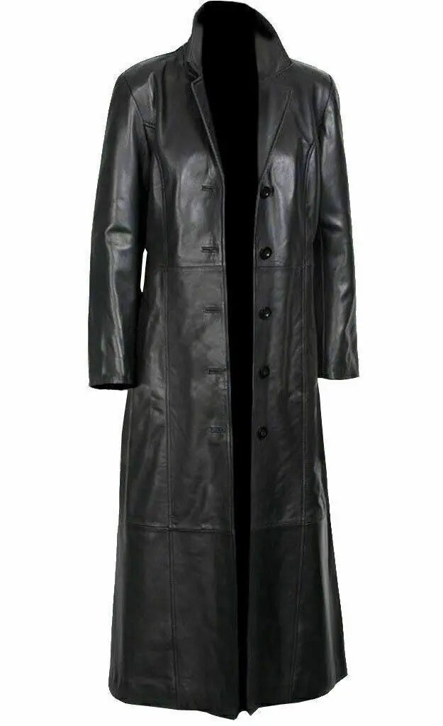 Men's Long Winter Leather Trench Coat - Full Overcoat Classic Style