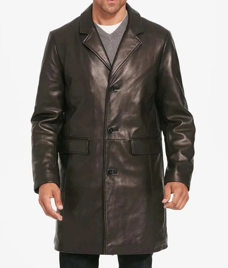 Men's Three Buttons Notch Collar Leather Top Coat