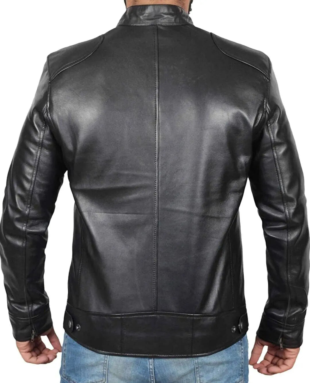Men's Plain Cowhide Black Leather Biker Jacket - Vintage Café Racer Handmade Jacket