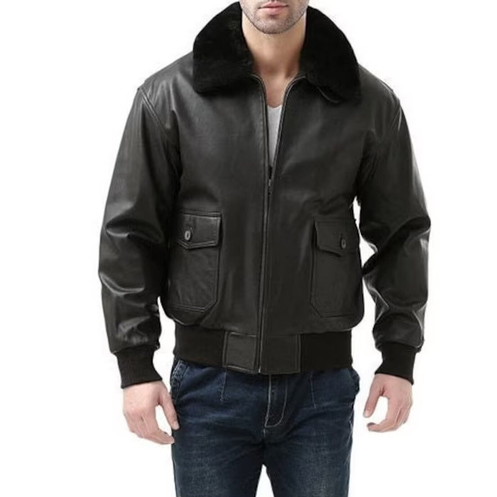 Leather Jacket For Men, Men's winters Lamb Leather Jacket Coat with fur collar,