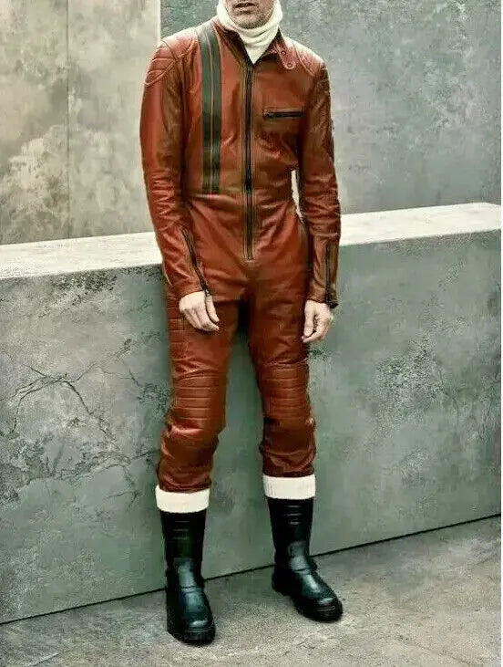 Menโs Real Leather Jumpsuit Catsuit Brown Leather Bodysuit Casual Fit SML Size โ Premium Full Body Leather Outfit