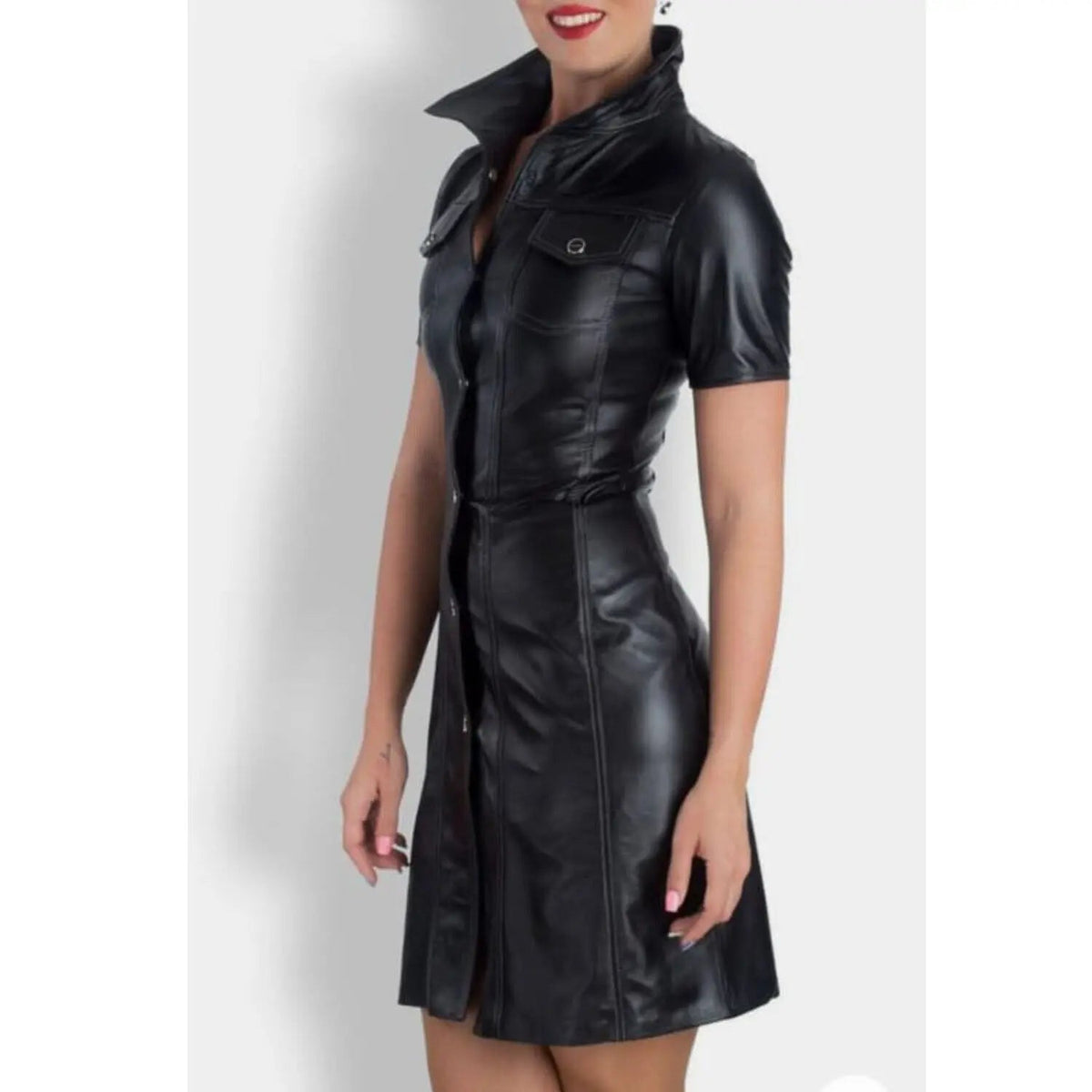 Women's Black Leather Bodycon - Casual Outdoor Collared Outfit - Slim Fitted Dress Top